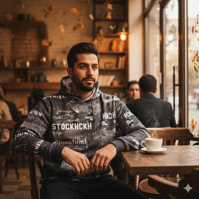 هودی طرحدار مردانه مشکی مدل stock